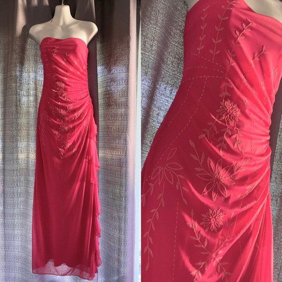 Vintage 90s Jessica Fairycore Flower Dress Pink Strapless Prom Long Mesh Overlay - Picture 1 of 12